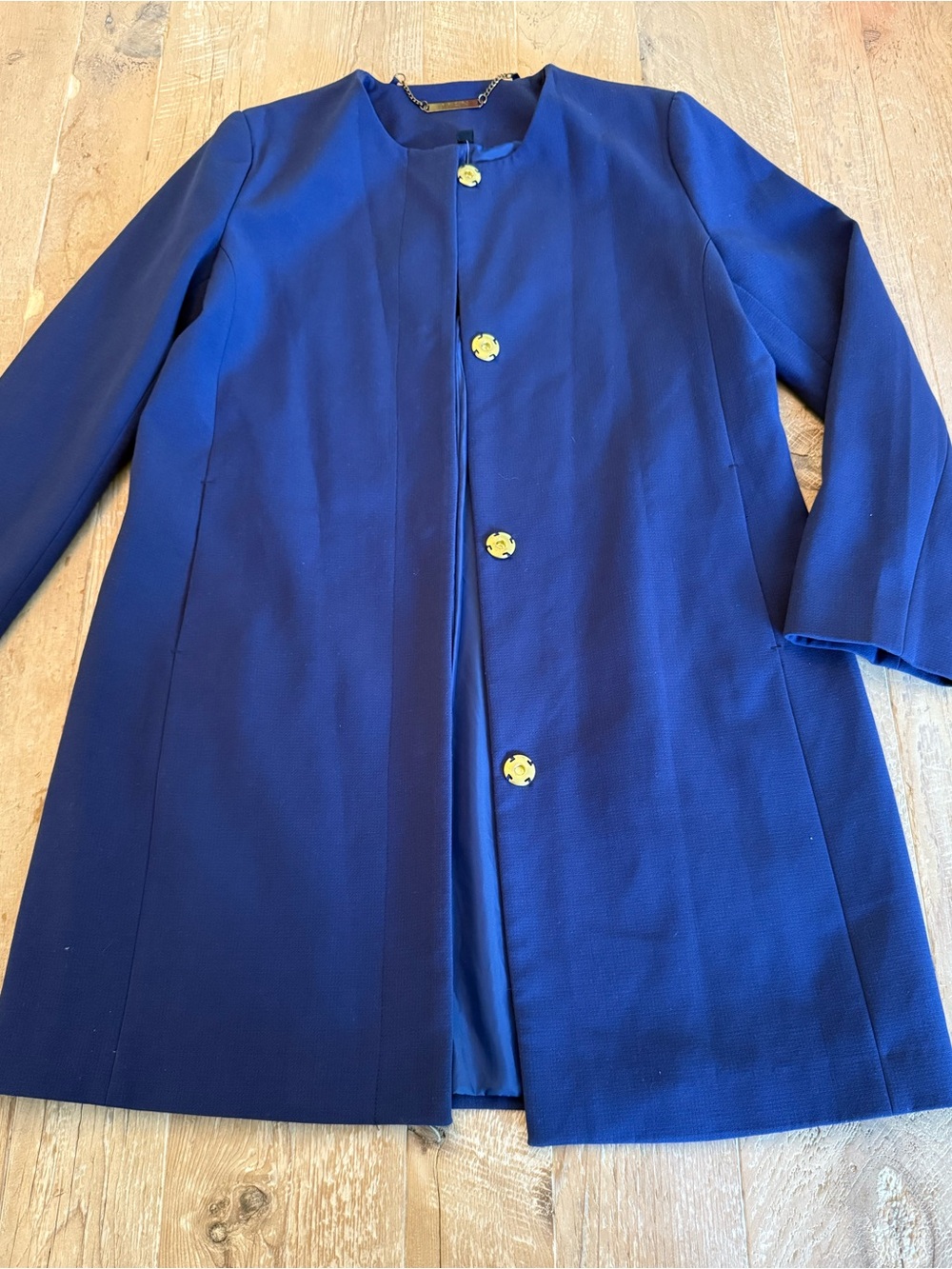 IMAN NWT Classic Navy Women's Longline Coat Gold Hidden Snaps M